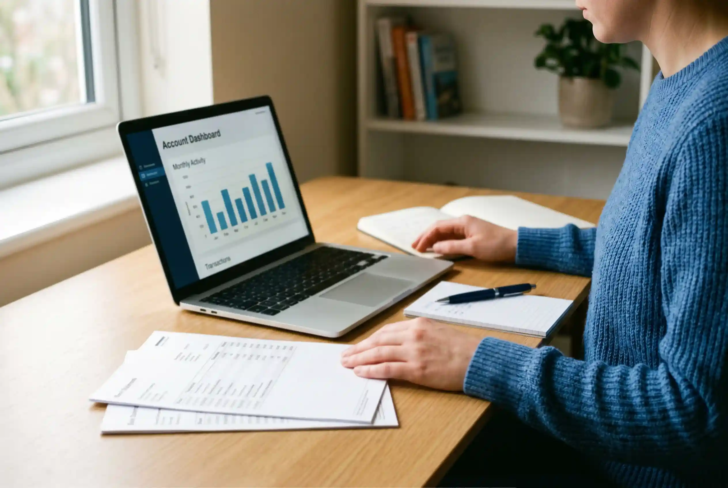 Person reviewing financial documents on a desk with a laptop open to a betting account