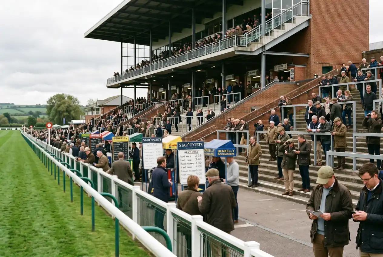 Crowd at a UK racecourse grandstand on a busy race day